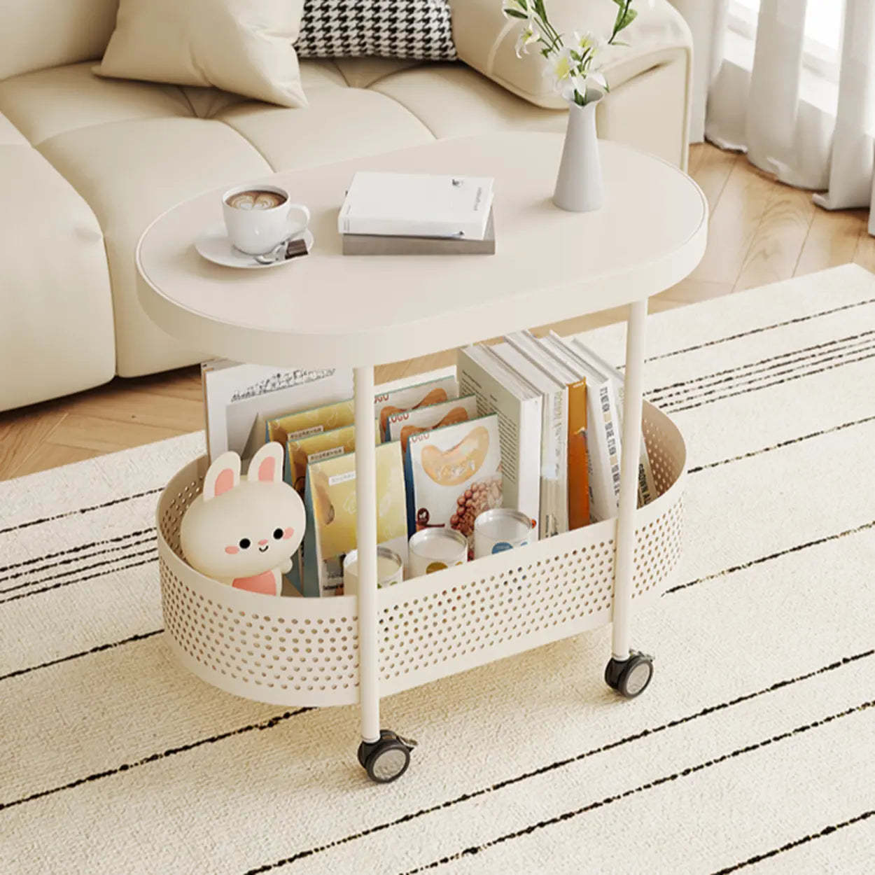 Off-White Acrylic 2-Tier Oval Rolling Chairside Table — Wood White Sintered Stone