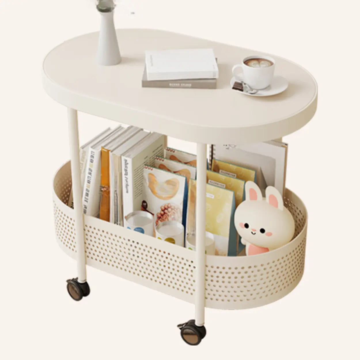 Off-White Acrylic 2-Tier Oval Rolling Chairside Table — Changhong Glass
