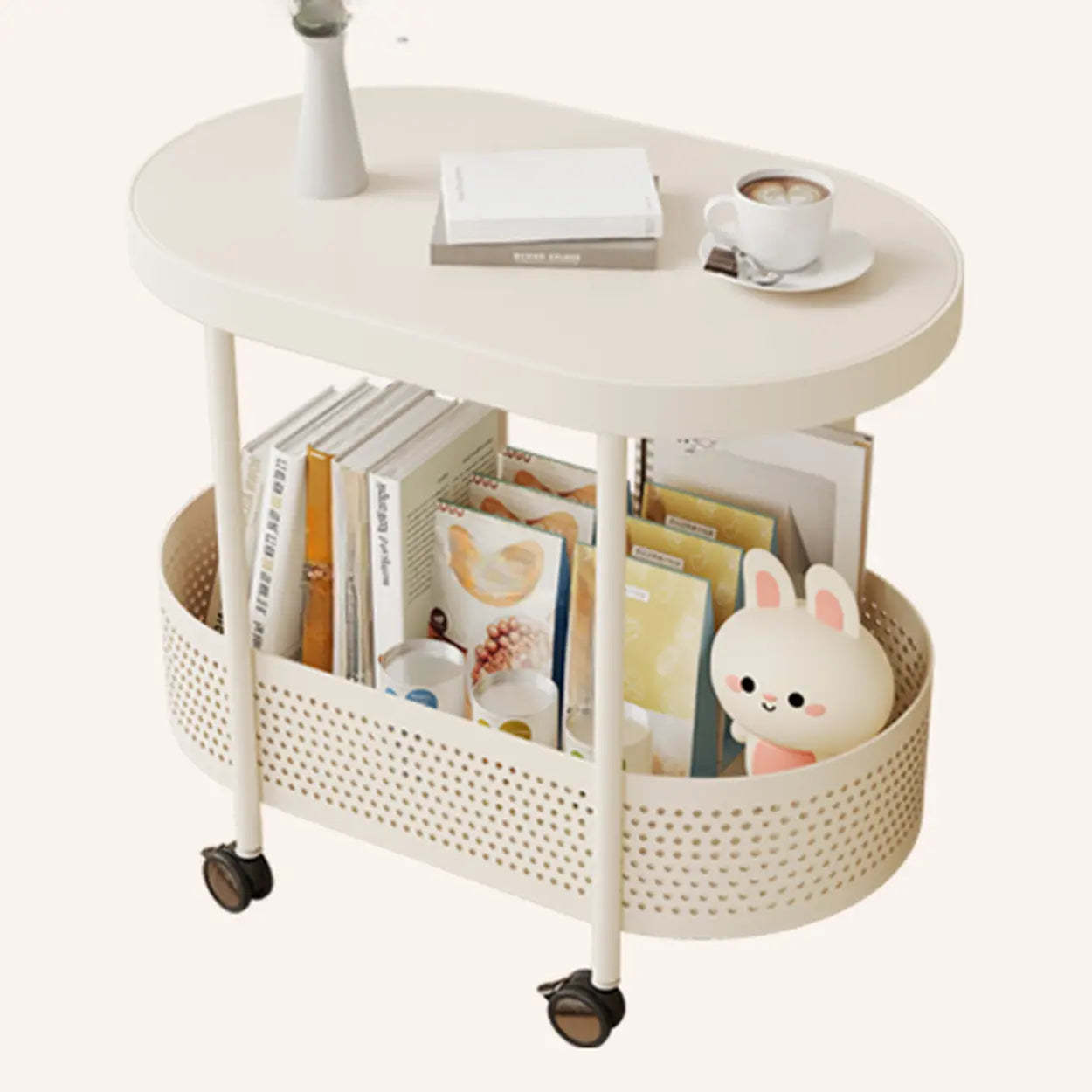 Off-White Acrylic 2-Tier Oval Rolling Chairside Table — Changhong Glass
