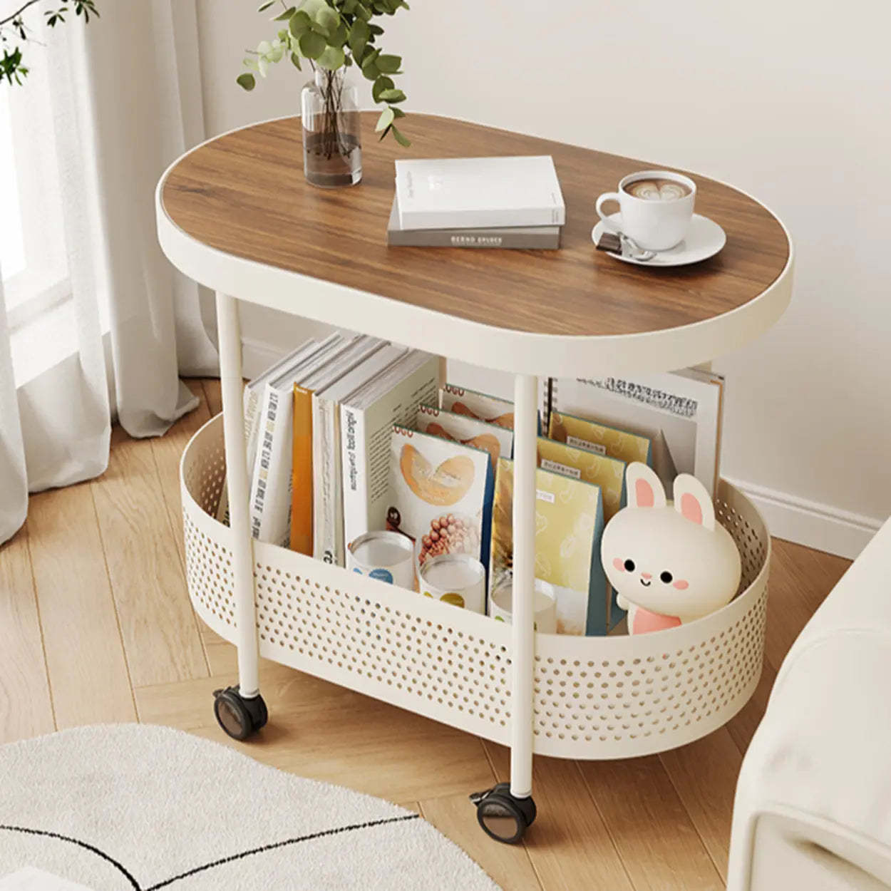 Off-White Acrylic 2-Tier Oval Rolling Chairside Table — Water Ripple Glass