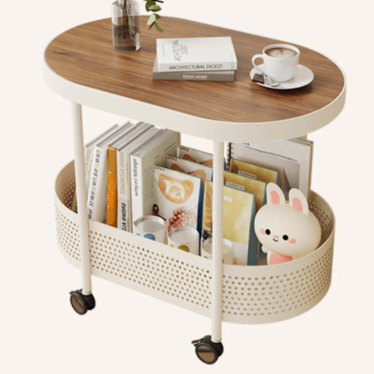 Off-White Acrylic 2-Tier Oval Rolling Chairside Table — White Sintered Stone