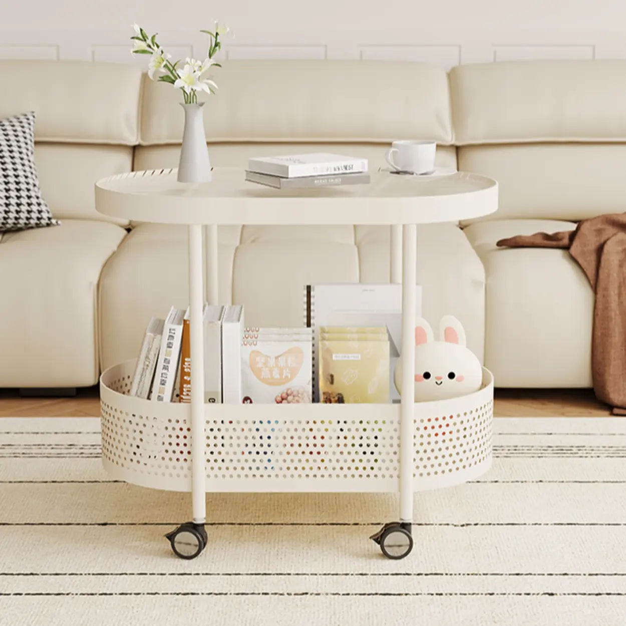 Off-White Acrylic 2-Tier Oval Rolling Chairside Table — Wood White Sintered Stone