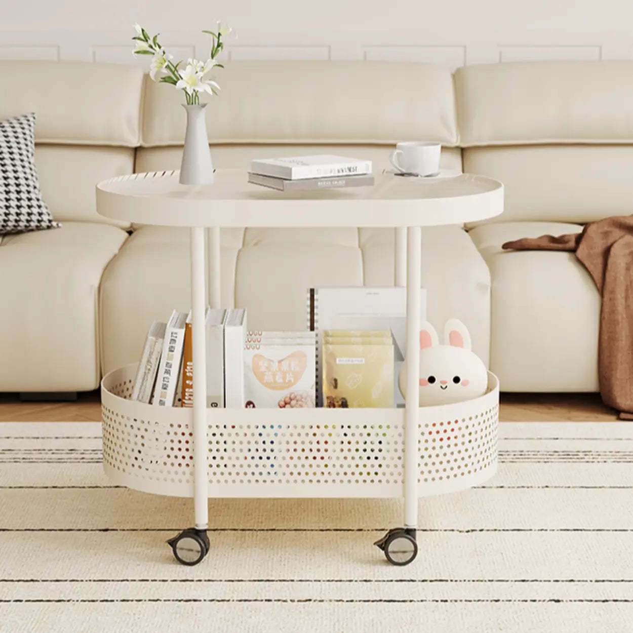 Off-White Acrylic 2-Tier Oval Rolling Chairside Table — Wood White Sintered Stone