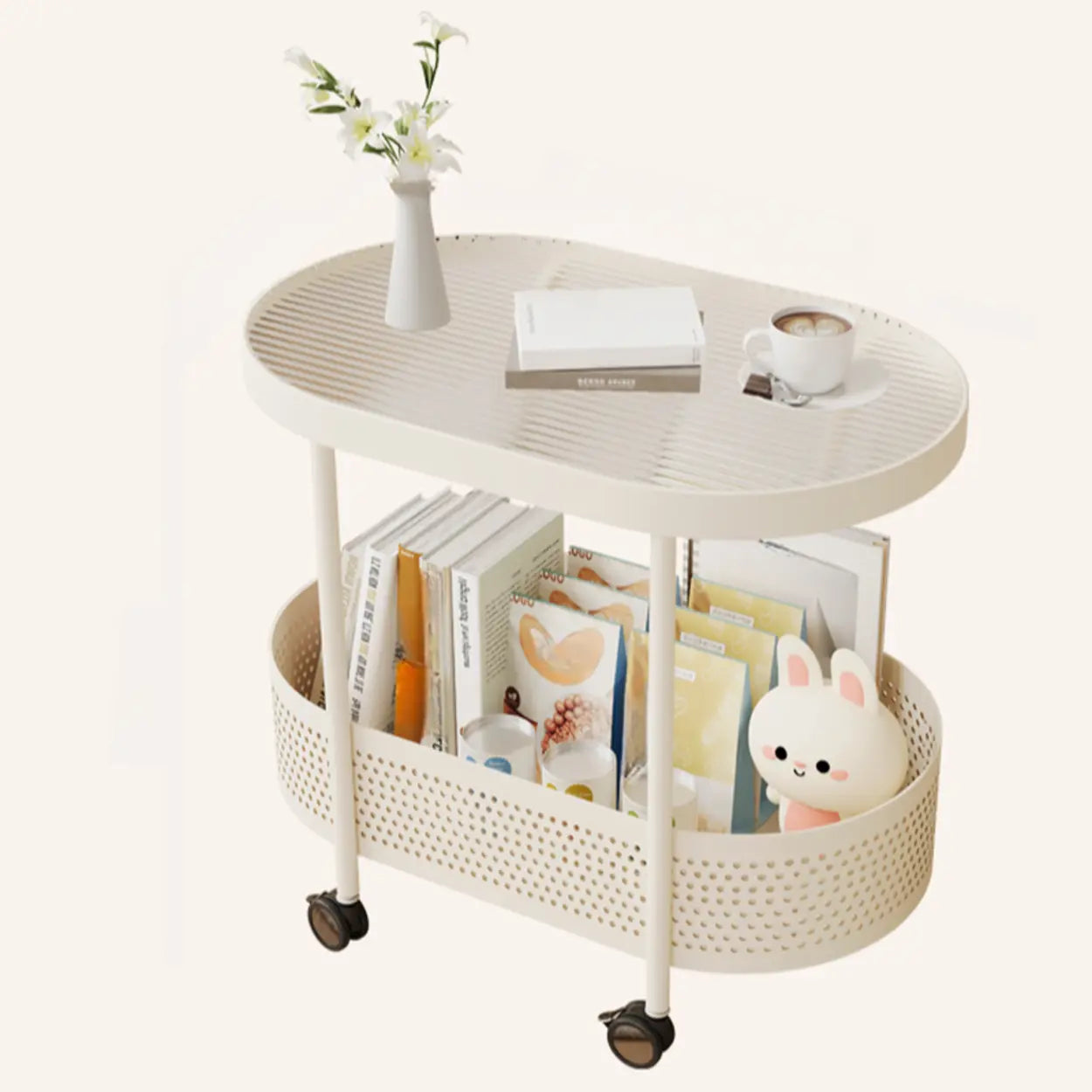 Off-White Acrylic 2-Tier Oval Rolling Chairside Table — Changhong Glass