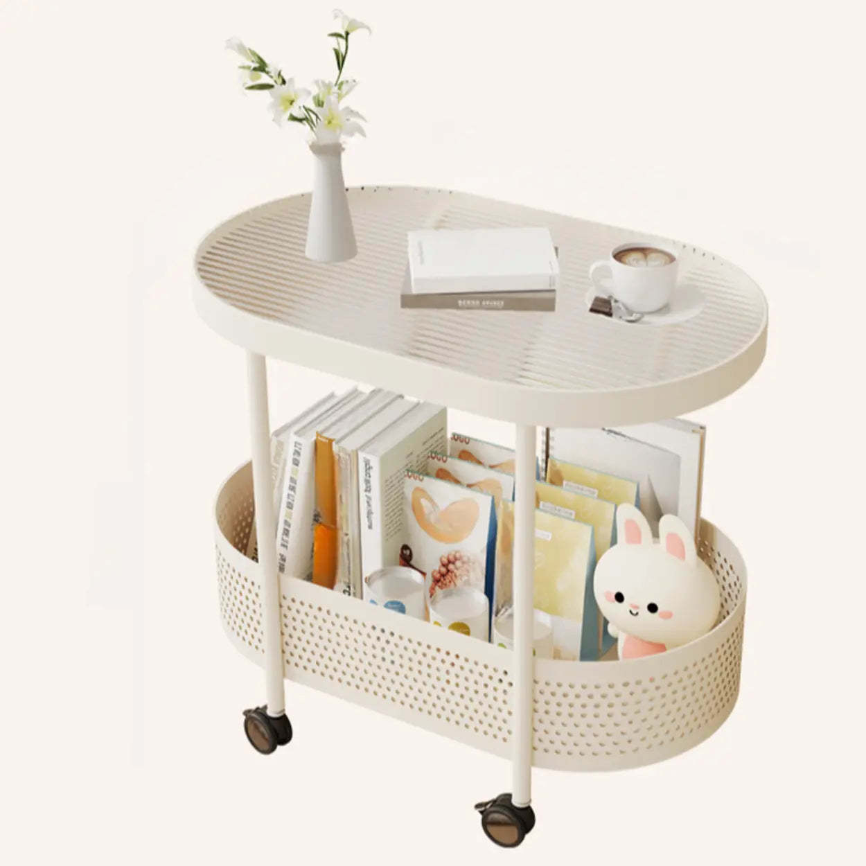 Off-White Acrylic 2-Tier Oval Rolling Chairside Table — Changhong Glass