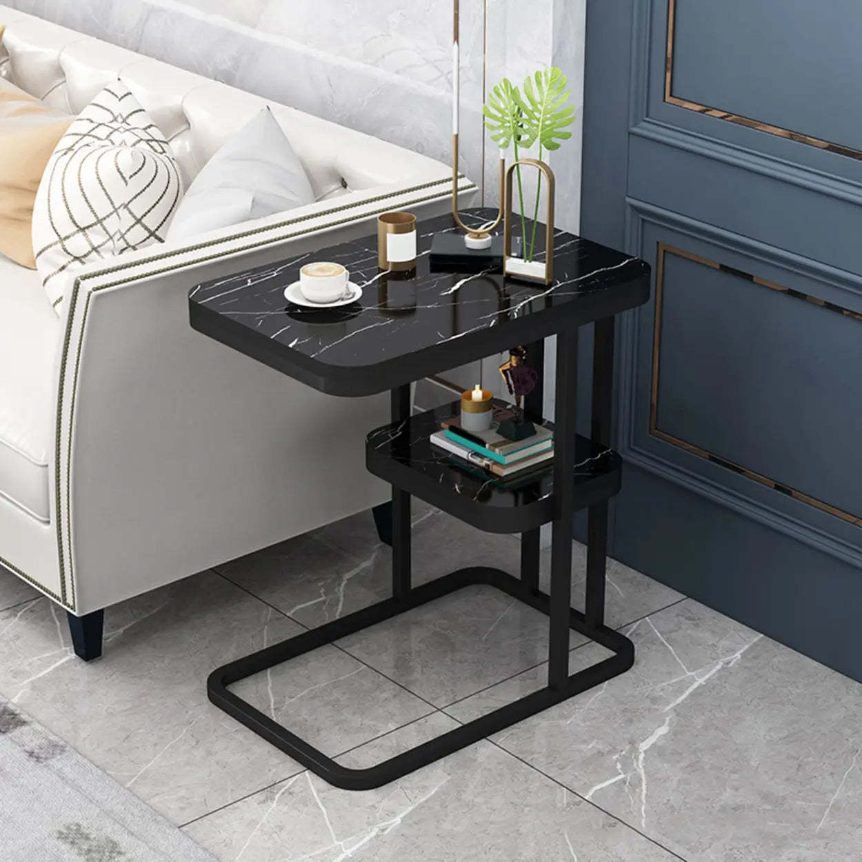 Black Metal Wood 2-Tier Rectangular Side Table — Black / Black / Shelves Included