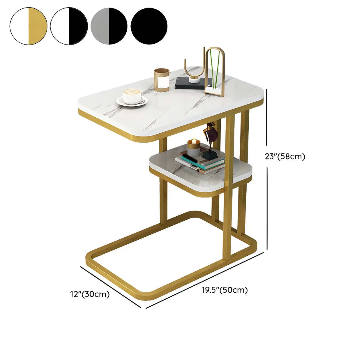 Black Metal Wood 2-Tier Rectangular Side Table