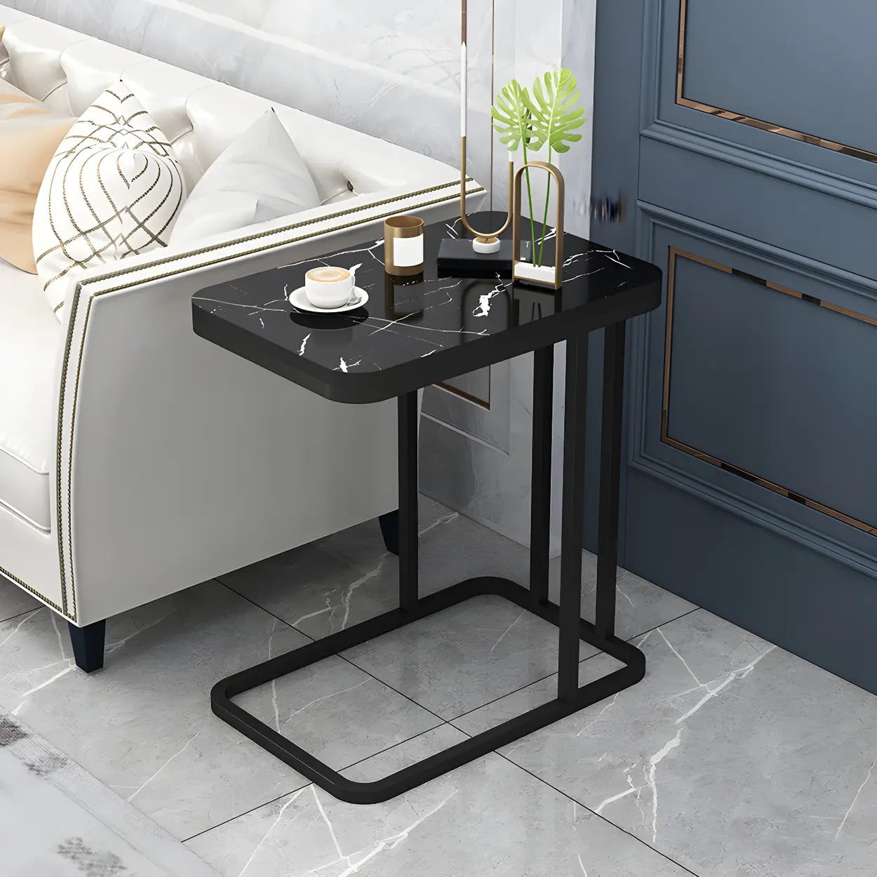 Black Metal Wood 2-Tier Rectangular Side Table — Black / Black / Shelves Not Included