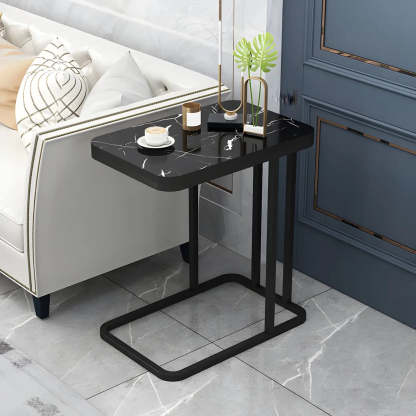 Black Metal Wood 2-Tier Rectangular Side Table — Black / Black / Shelves Not Included