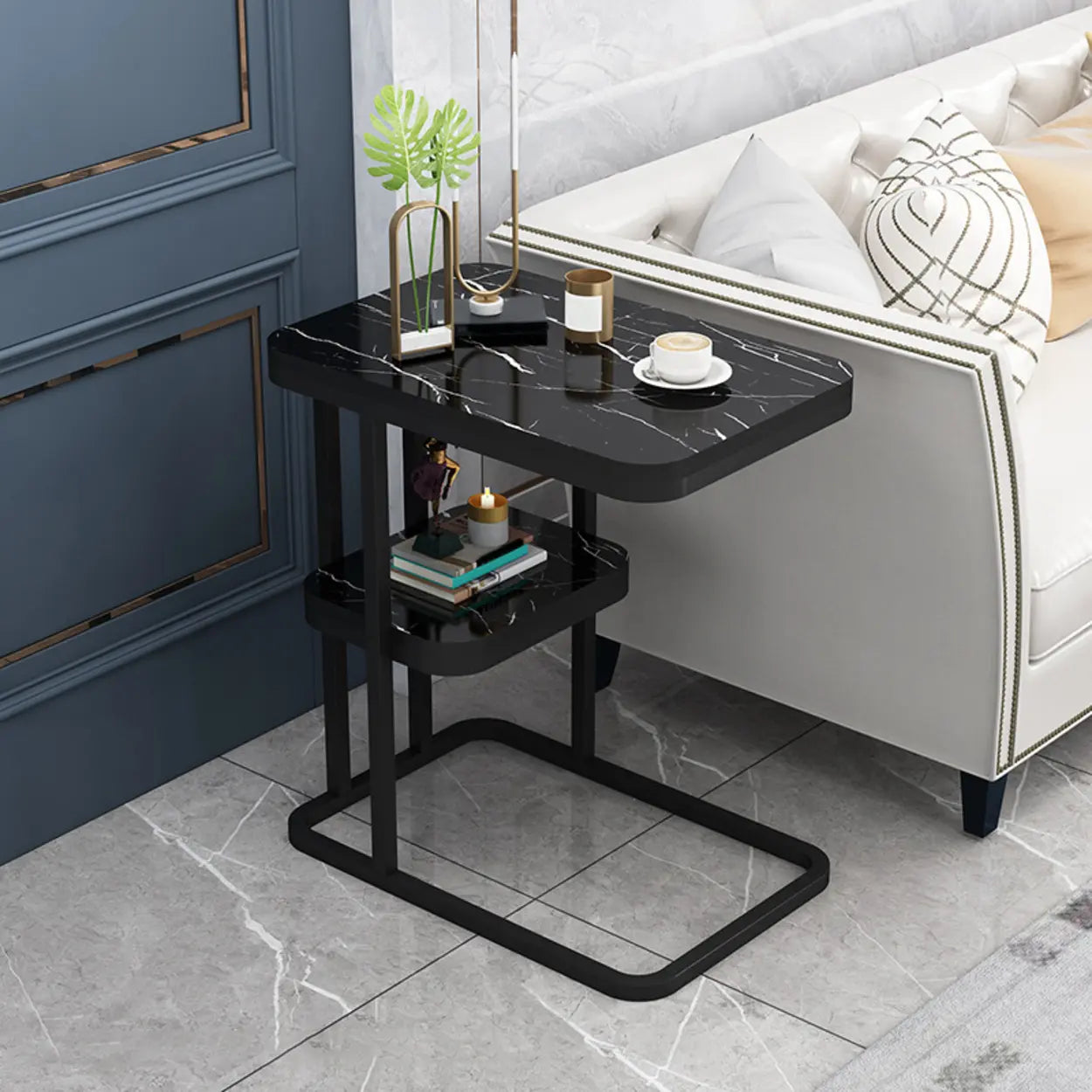 Black Metal Wood 2-Tier Rectangular Side Table — Black / Gray / Shelves Included