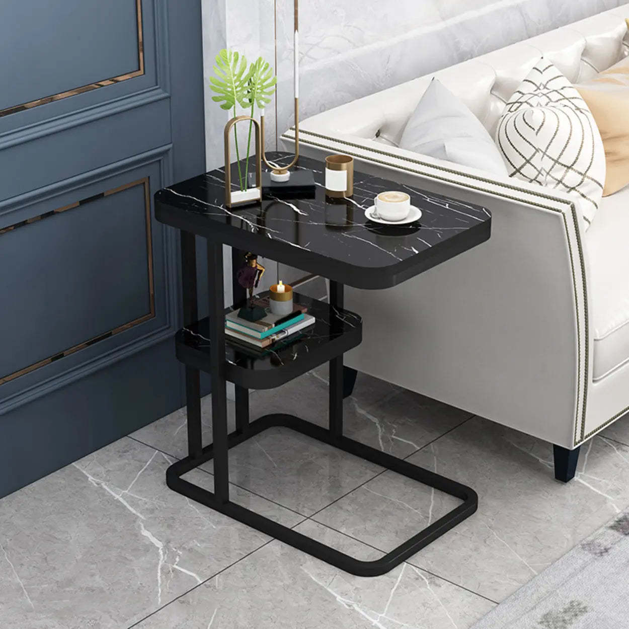 Black Metal Wood 2-Tier Rectangular Side Table — Black / Gray / Shelves Included