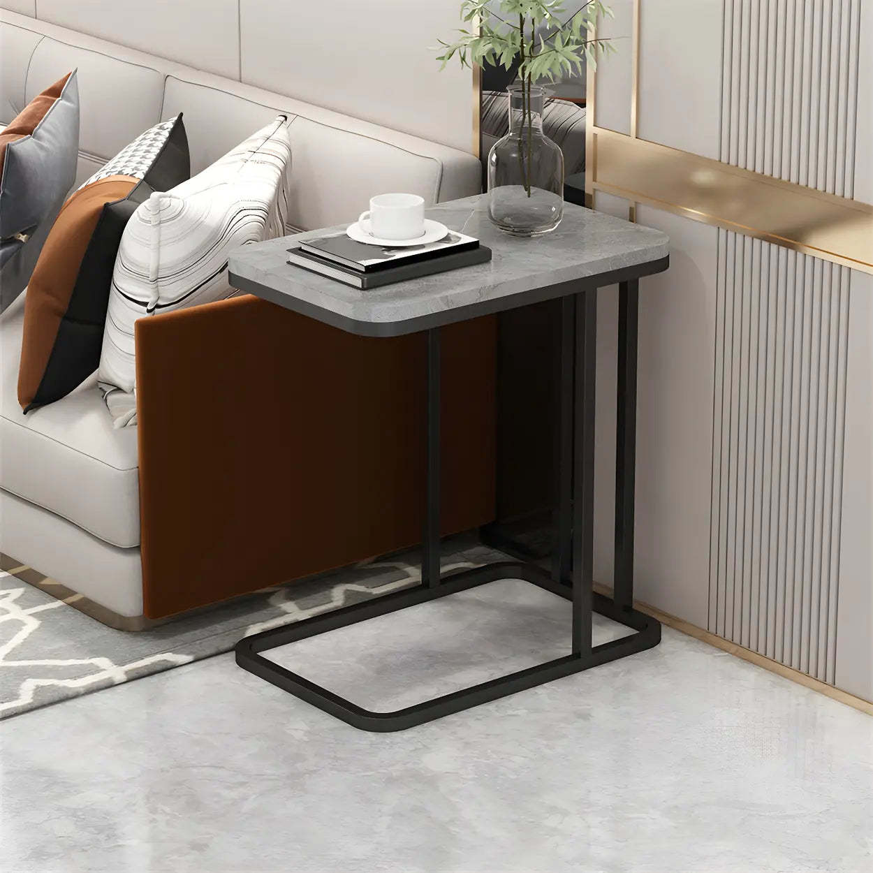 Black Metal Wood 2-Tier Rectangular Side Table — Black / Gray / Shelves Not Included