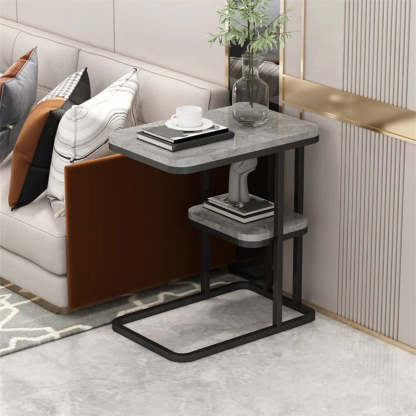 Black Metal Wood 2-Tier Rectangular Side Table — Black / White / Shelves Not Included