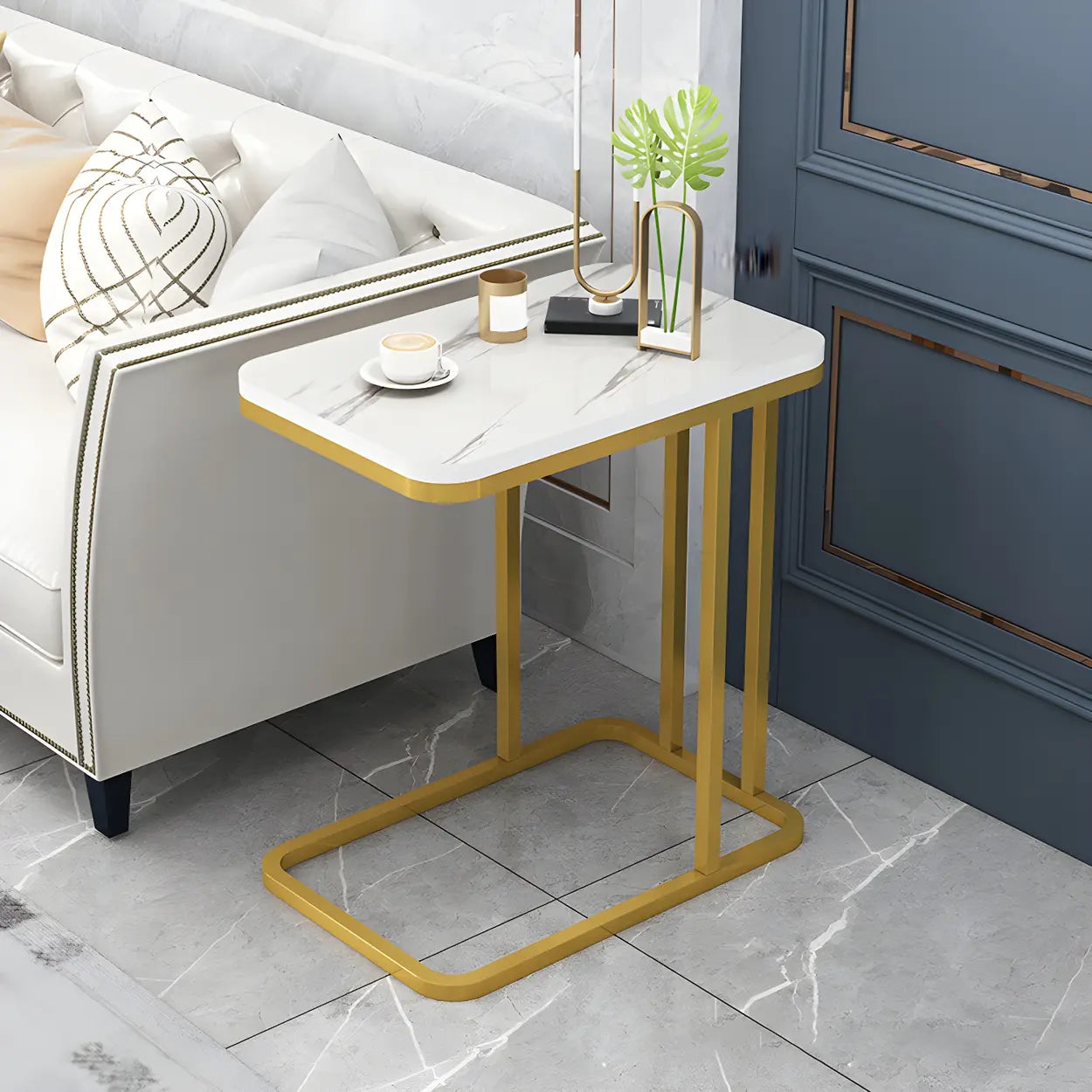 Black Metal Wood 2-Tier Rectangular Side Table — Gold / White / Shelves Included