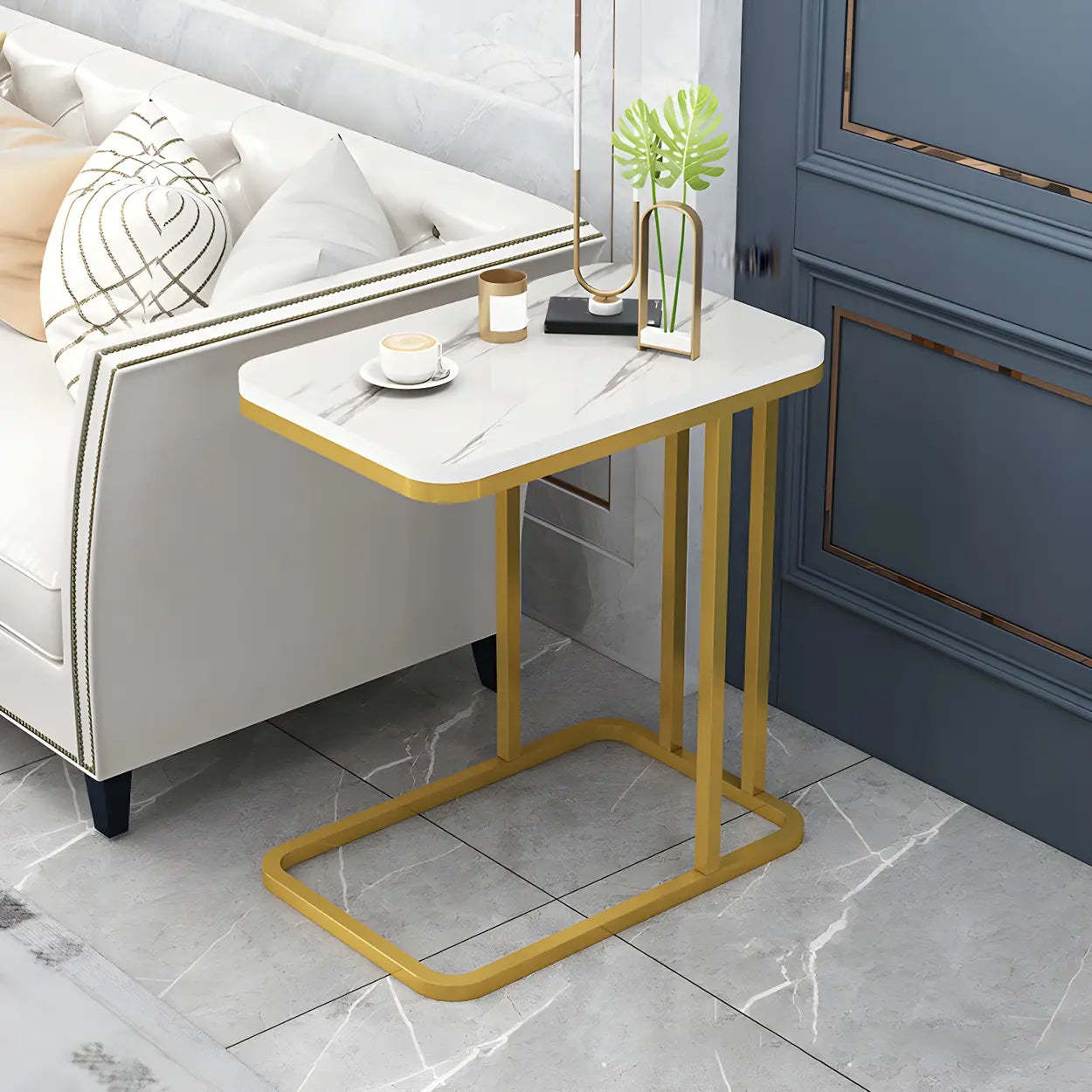 Black Metal Wood 2-Tier Rectangular Side Table — Gold / White / Shelves Included