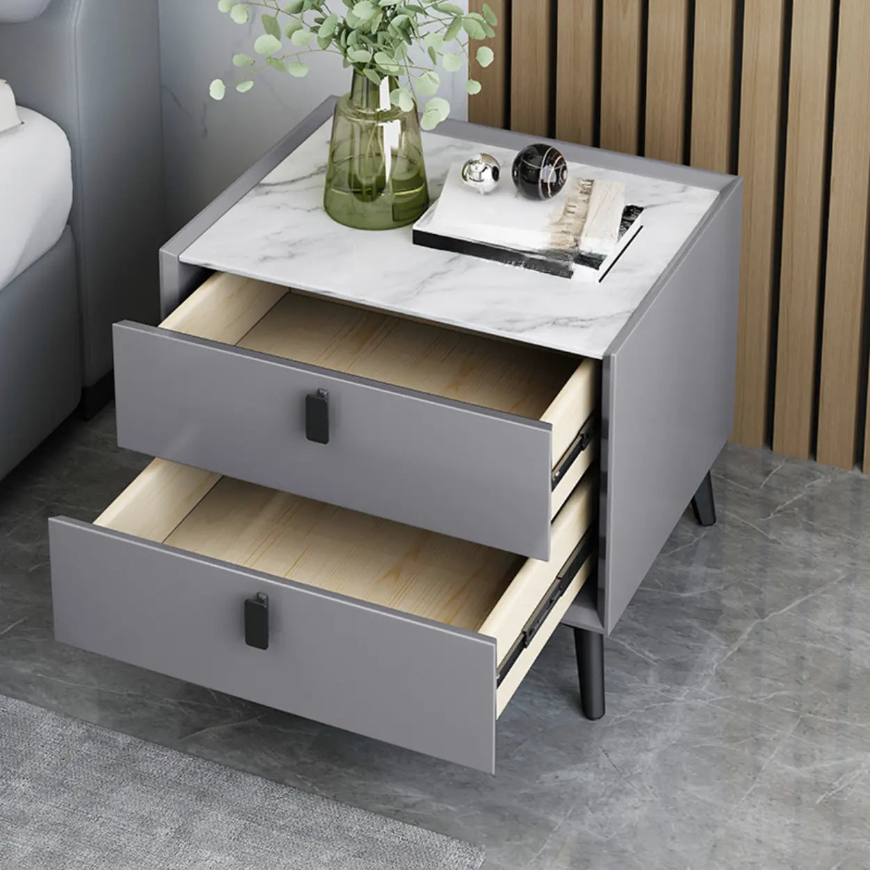 Gray 2-Tier Sintered Stone and Wood Nightstand