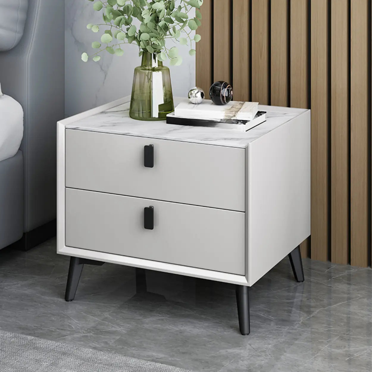 Gray 2-Tier Sintered Stone and Wood Nightstand — Grey