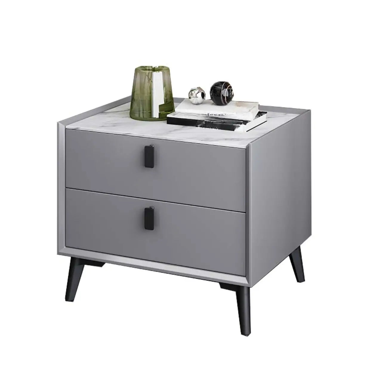 Gray 2-Tier Sintered Stone and Wood Nightstand — White