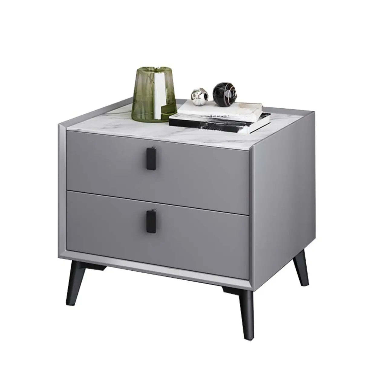 Gray 2-Tier Sintered Stone and Wood Nightstand — White