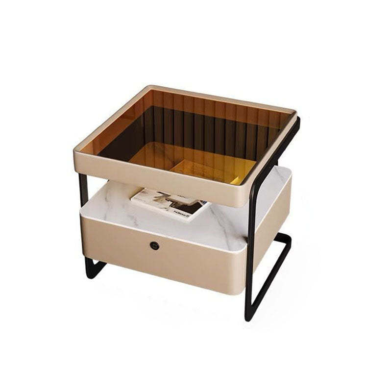 Lighom 1-drawer reinforced leather glass wood nightstands for bedroom