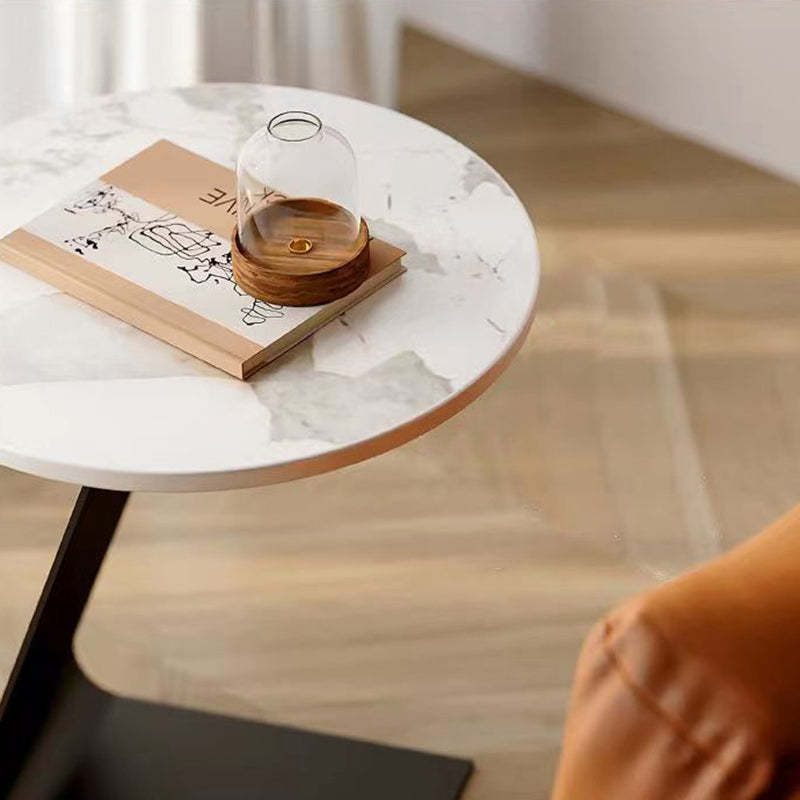 Scandinavian Round Rock Slab Iron Coffee Table — Black