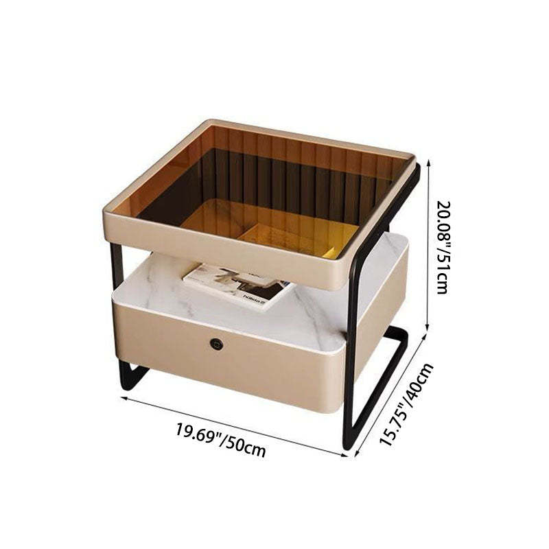 Nordic Reinforced Glass Leather Wood Nightstand 1-Drawer