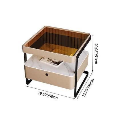 Nordic Reinforced Glass Leather Wood Nightstand 1-Drawer