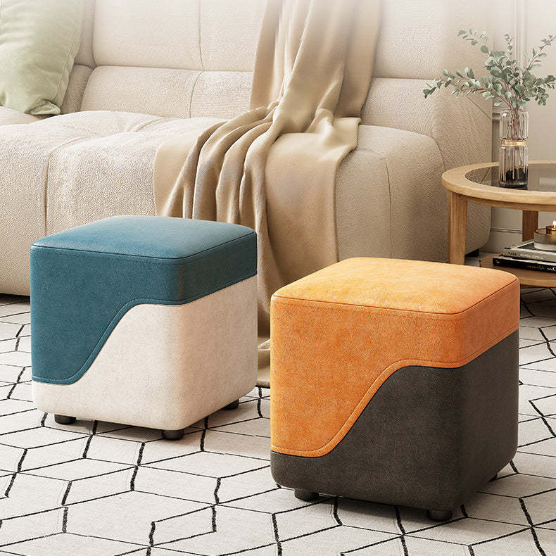 Minimalist Napa Leather Solid Wood Low Stool — White + Gray