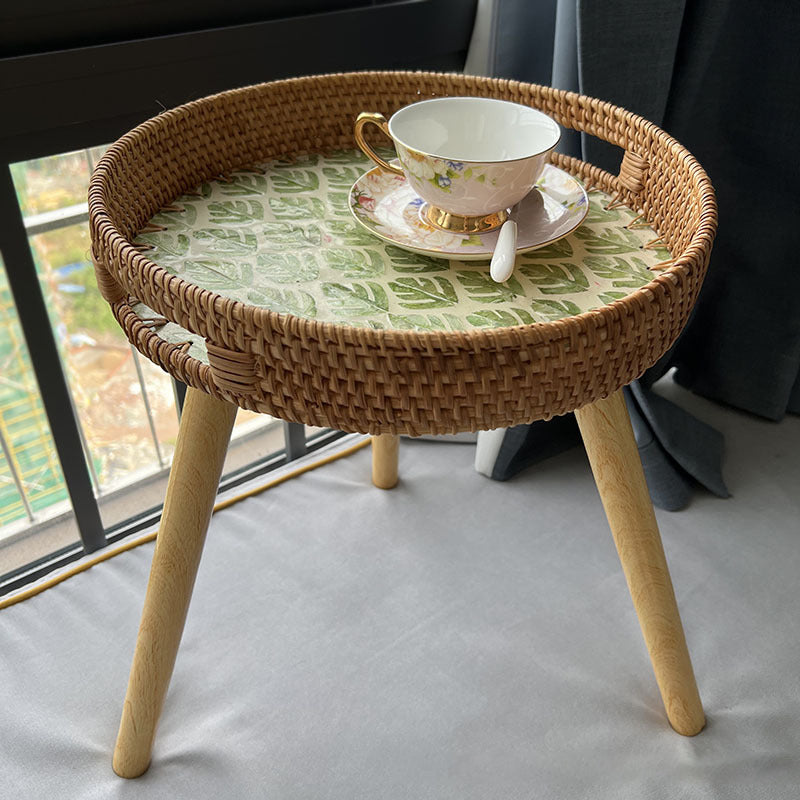 Rustic Handmade Shell Wood Rattan Side Table — F