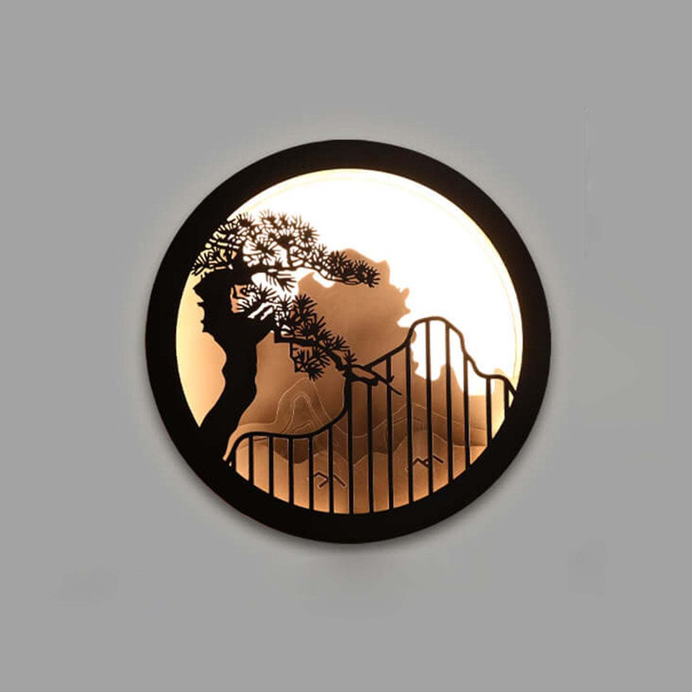 Chinese Landscape Pine Zen Round LED Outdoor Wall Sconce