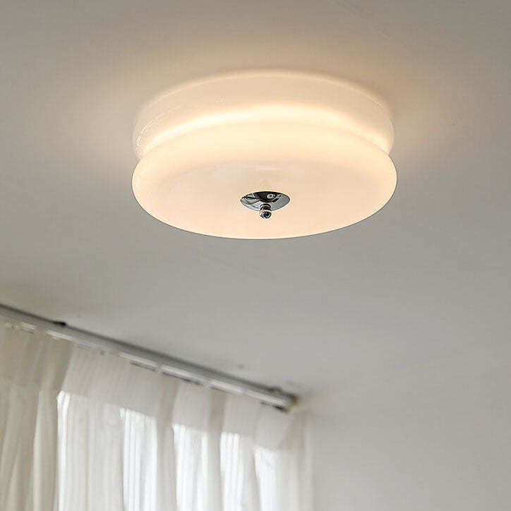 French Minimalist Cream Glass Round LED Flush Mount Light