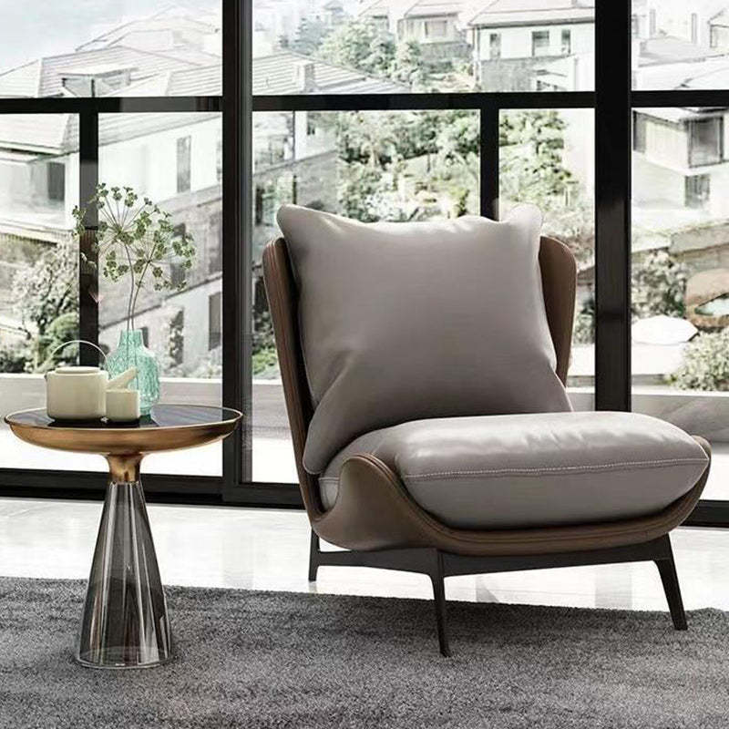 Scandinavian Leather Accent Chair With Footrest — With Footrest / Brown Chair & Dark Gray Cushion