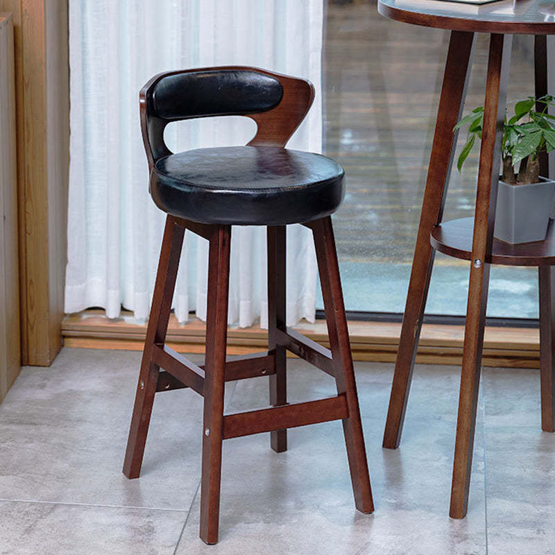 Modern PU Leather Wood Low-Back Bar Stool — Off-White PU Leather Cushion + Brown Frame