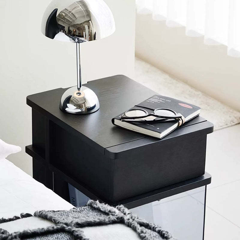 Minimalist Solid Wood Glass Square Nightstand 1-Cabinet