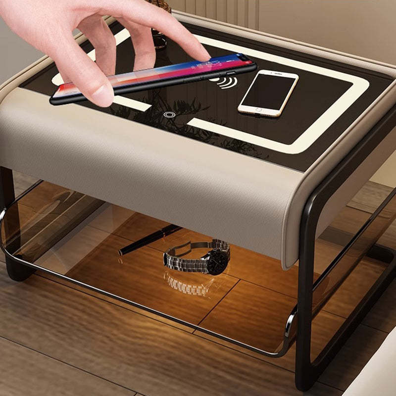 Smart Sensing Glass Wood 2-Tier Side Table — Normal Mode / Cream White