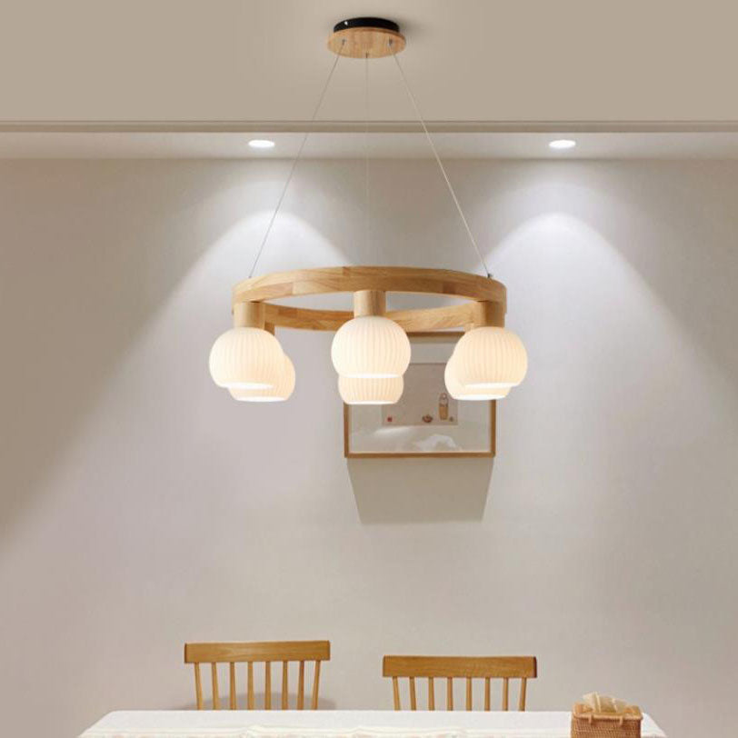 Modern Japanese Log Ring Textured Glass Globe Chandelier