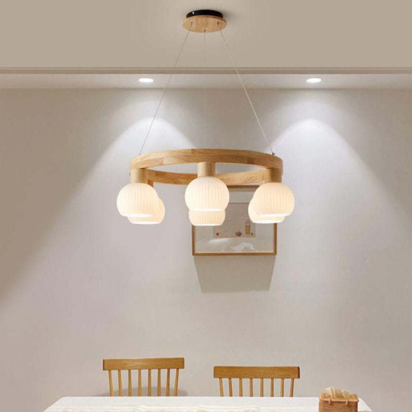 Modern Japanese Log Ring Textured Glass Globe Chandelier