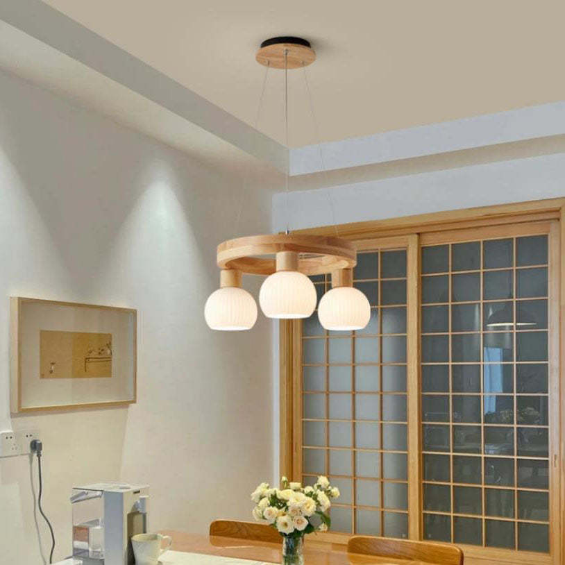 Modern Japanese Log Ring Textured Glass Globe Chandelier