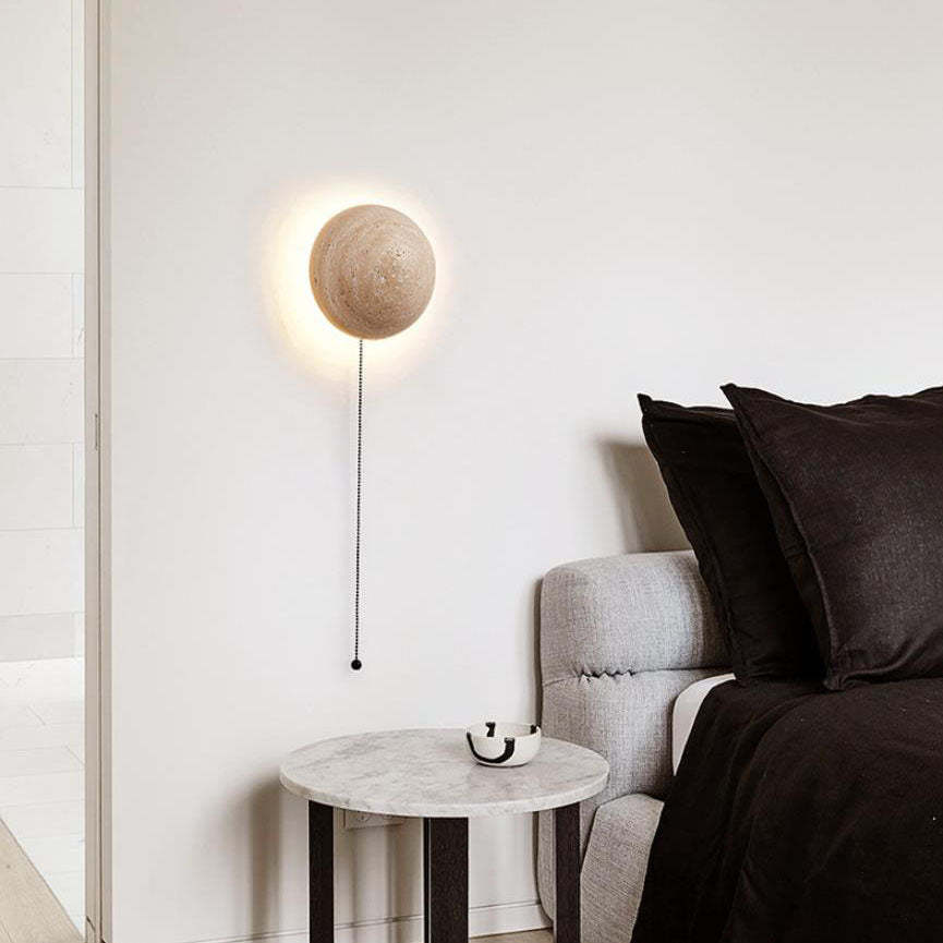 Japanese Round Yellow Travertine Wabi-Sabi LED Wall Sconce