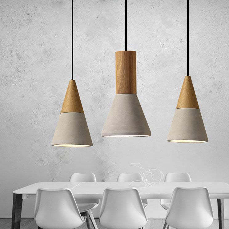 Industrial Cone Triangle Cement Rubber Wood Pendant Light