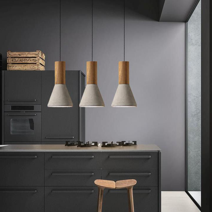 Industrial Cone Triangle Cement Rubber Wood Pendant Light