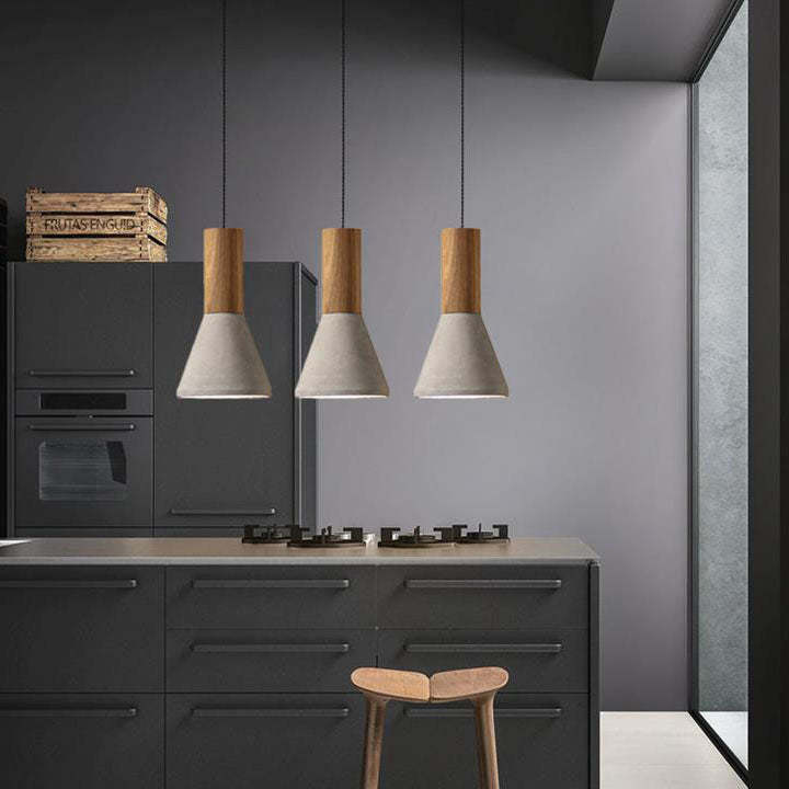 Industrial Cone Triangle Cement Rubber Wood Pendant Light