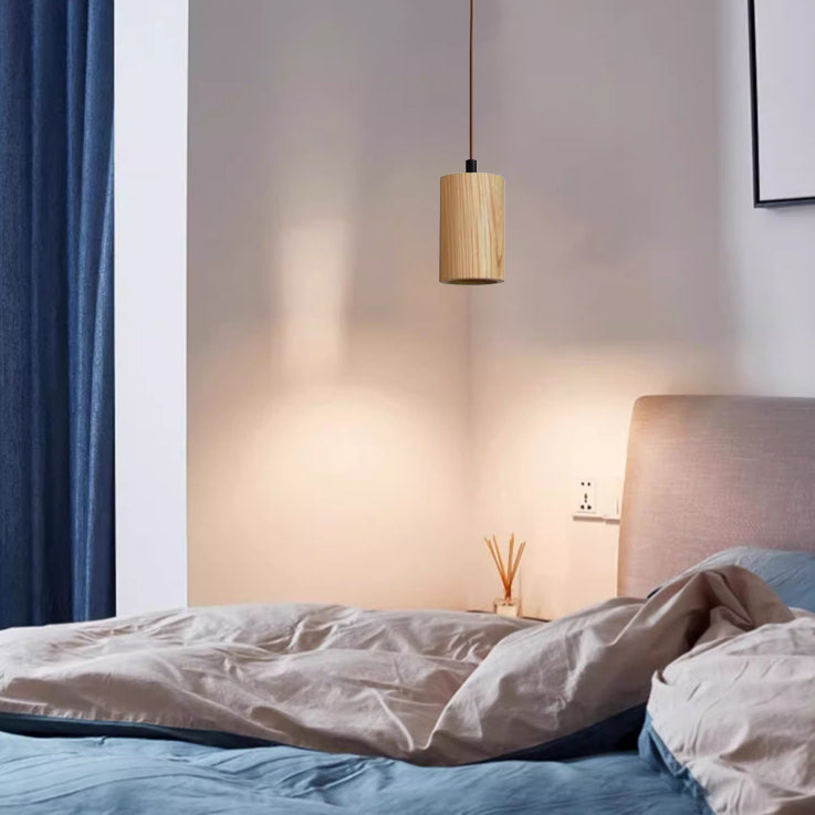 Modern wooden cylinder pendant lighting in linen — 220V-240V (UK/AU)