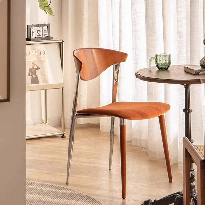 Vintage Velvet Iron Tapered-Leg Dining Chair — Wood Color Backrest + Navy Blue Seat