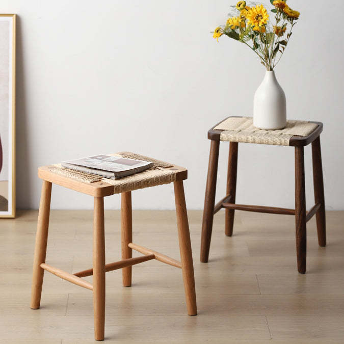 Vintage Braided Rope Wood Square Footstool — Cherry Wood Color