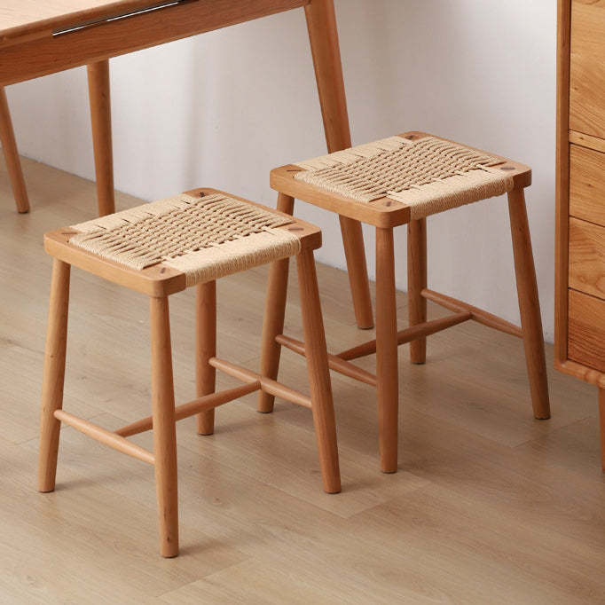 Vintage Braided Rope Wood Square Footstool