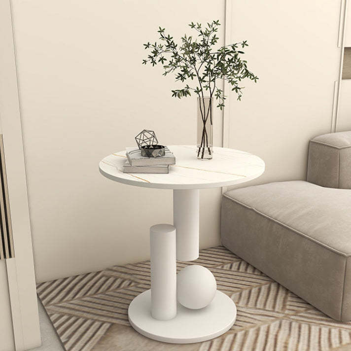 Modern Luxury Cylindrical Orb Rock Slab Iron Coffee Table — Lauren White Tabletop + White Frame