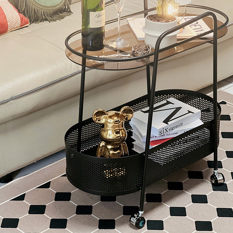 Modern Elliptical Glass Iron 2-Tier Side Table — Beige