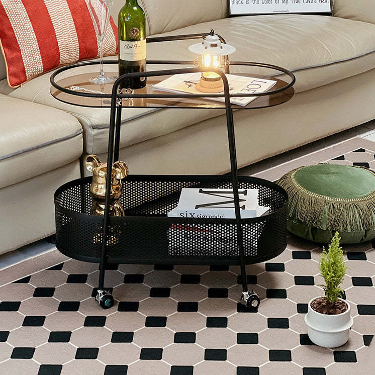 Modern Elliptical Glass Iron 2-Tier Side Table — White