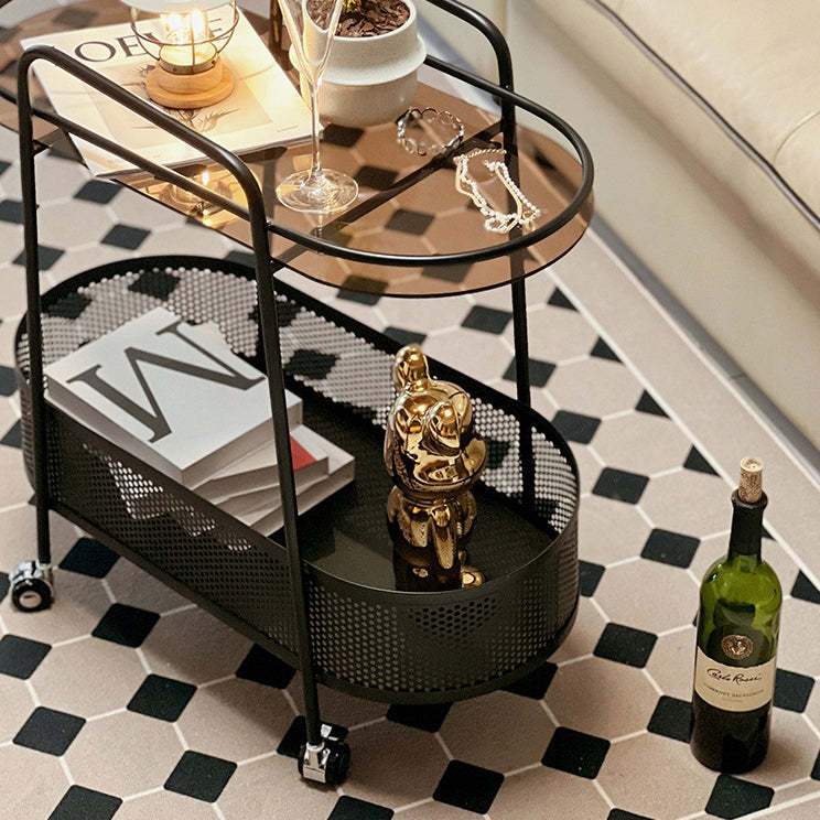 Modern Elliptical Glass Iron 2-Tier Side Table